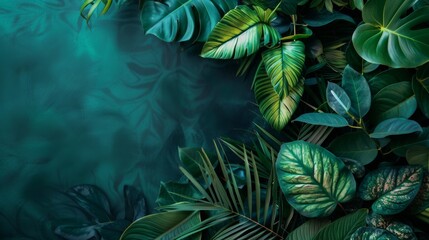Variety of tropical leaves with vibrant green tones and a textured, shadowy background with space for text. Vibrant tropical leaf patterns for eco-friendly design projects
