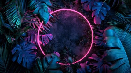 Array of tropical plants with a central neon pink circle creating a surreal and ethereal glow in a dark environment
