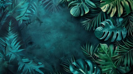 Variety of tropical leaves with a predominantly teal color palette and a textured background with space for text.