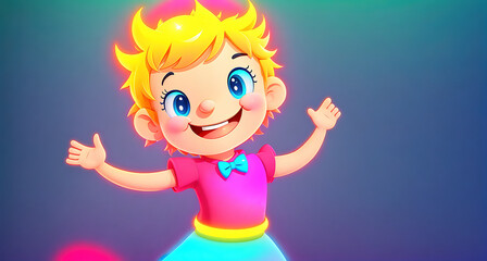 A cartoon girl with blonde hair and blue eyes, wearing a pink dress and holding her hands up in the air.