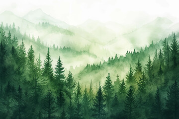 Watercolor forest hill landscape background. Beautiful watercolor nature landscape with forest, trees, nature and sky. Watercolor illustration design elements for landscape background and wallpaper. © Pickoloh