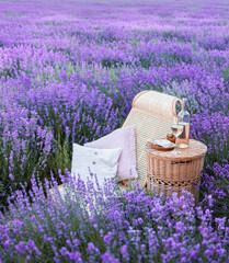 Glass of white wine in a lavender field. Violet flowers on the background. - 777767308