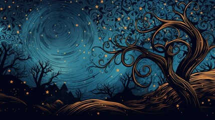Gothic horror design: an artistic depiction of the night sky, stars, and scary trees. - obrazy, fototapety, plakaty