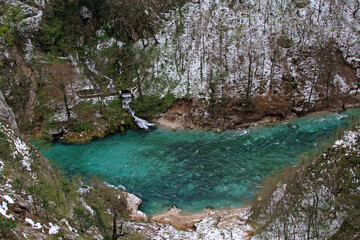 Aerial view of Cold River Tara in Rural Montenegro Spring Day
