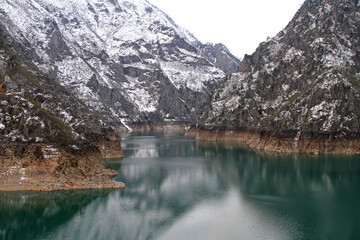 Piva Lake and Snow Mountains in Montenegro Calm Nature