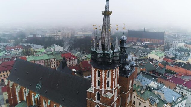 Aerial View On Bazylika Mariacka In Cracow, Beautiful Polish Footage