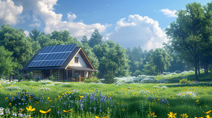 Eco-friendly House: Solar Panels, Forest, and Blooming Flowers