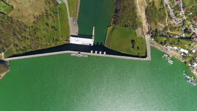 Top Down Water Dam On Solina Lake Bieszczady Mountains Aerial View Poland