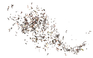 Black Darjeeling tea dried leaves flying isolated on white 