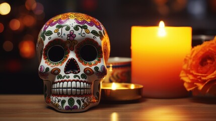 An enchanting display featuring a sugar skull, candles, and a backdrop of darkness, evoking the spirit of Mexican tradition and mystery.