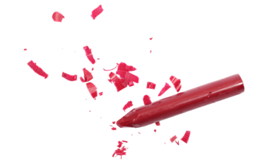 Wax pastel, colorful crayons and spiral shavings from sharpener isolated on white, top view