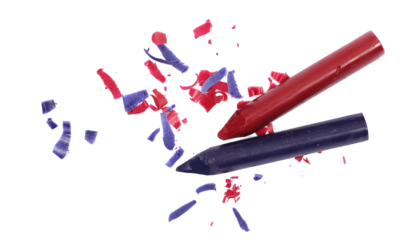 Wax pastel, colorful crayons and spiral shavings from sharpener isolated on white, top view