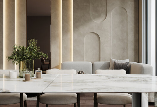 Living room interior with white marble dining table and gray sofa 