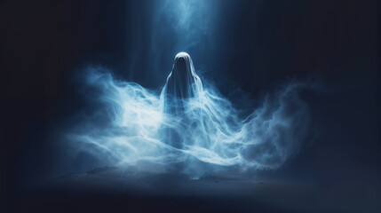spectral ghost floats serenely amidst a misty blue aura, halloween background 