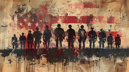 Service and Pride: US Soldiers Standing Before American Flag - Memorial Day Military Art - obrazy, fototapety, plakaty