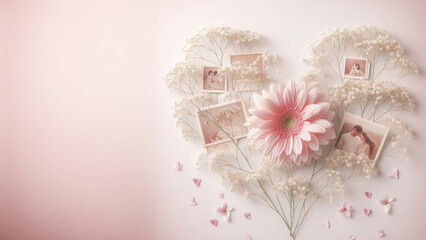 Obraz na płótnie Canvas Flowers and photo frame on pink background, top view, copy space