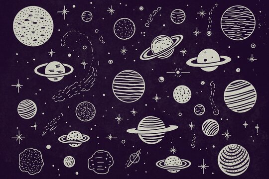 Hand drawn doodle planets, stars and comets