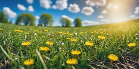 Beautiful meadow field with fresh grass and yellow dandelion flowers in nature against a blurry blue sky with clouds. Summer spring natural landscape.