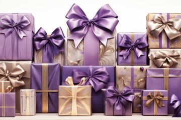 gift boxes wrapped in golden and purple paper and tied with a purple ribbon