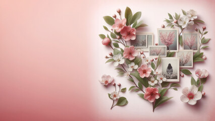 Fototapeta na wymiar Flowers and photo frame on pink background, top view, copy space