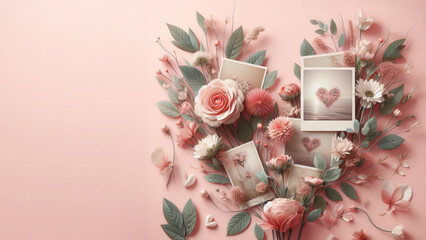 Cherry blossom flowers with vintage photo frames on pink background.