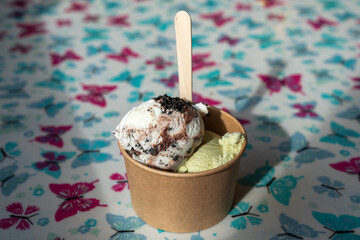 spoon ice cream in cup and wooden spoon