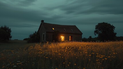 Fototapeta premium Rural Cabin Landscape, Morning Dawn Agriculture Backdrop, Sunset Dusk Rustic Background, Calm Farming Backdrop, Travel Tourism Concept Photo