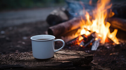 White enamel cup of hot steaming coffee sitting on an old log by an outdoor campfire. Extreme shallow depth of field with selective focus on mug - obrazy, fototapety, plakaty