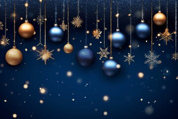 Fototapeta na wymiar Holiday Elegance, Christmas Banner Lights and Baubles on Dark Blue