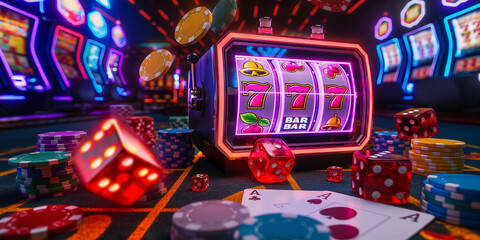 casino slot machine and flying casino chips