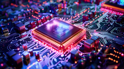 Fototapeta na wymiar Advanced Circuit Board with Neon LED Lights and Selective Focus