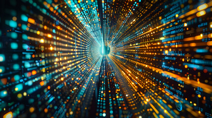 Abstract Digital Tunnel with Teal and Gold Light Trail
