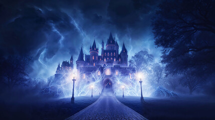 Enchanted evening at the haunted castle under a halloween moonlit sky, mysterious night and thunderous sky