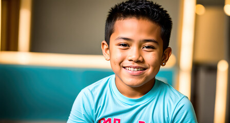 A young boy smiling and wearing a blue shirt.