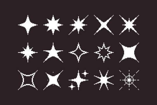 black and white simple flat 1bit vector pixel art set of different stylizations of star and sparkle icons. shine effect signs