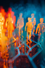 concept of the communication network. Group of paper people connected with communication lines. Futuristic look. Blue and orange lighting. Business adds. Teamwork Copy space. High quality photo