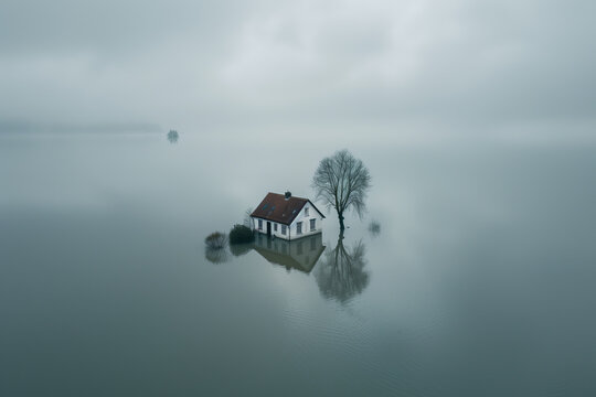 A lone house stands surrounded by floodwaters, its windows reflecting the overcast skies above, aerial photography