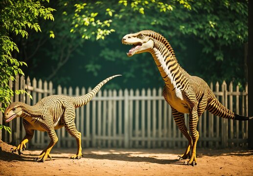 Image of two dinosaurs standing next to a fence.