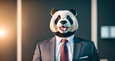 A man wearing a suit and tie holding a panda bear mask.