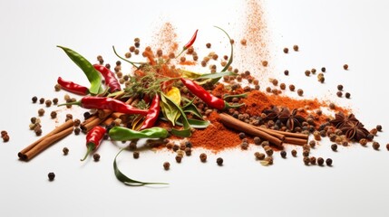 Variety of Spices and Seasonings Scattered on White Background Ai Generated