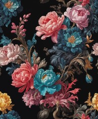 Vibrant flowers painted against a deep black background convey a sense of intrigue and beauty, capturing the essence