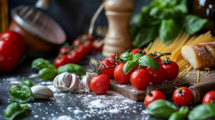 Assortment of Italian Meal Ingredients on Dark Grey Dining Table Ai Generated