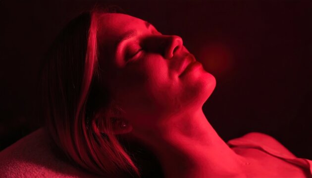 Serene woman enjoying a tranquil red-light therapy session. The gentle glow bathes the subject in a calming, therapeutic radiance.