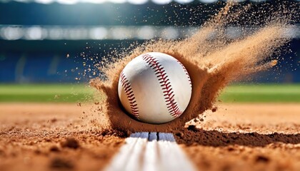 Baseball hitting the dirt in a cloud of dust at a ballpark. The sphere's high-speed descent into the infield caught in a moment
