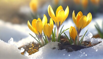 Yellow crocuses breaking through snow symbolize the arrival of spring. Delicate flowers rise against the wintry cover, heralding the season's change with golden hues.