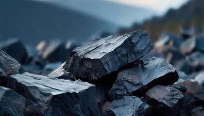 Jagged coal pieces scattered on a stark, shadowy ground. Fossil fuel represented by dark coal fragments resting on dusky terrain.