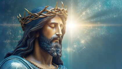 Crowned figure of Jesus Redeemer with light beams, a spiritual representation. The serene image evokes a sense of reverence, with focus on a symbolic thorn crown.