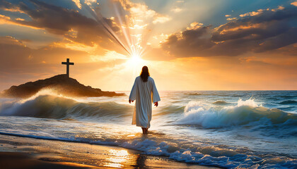 Figure of Jesus Christ walking on water towards the cross at sunset.