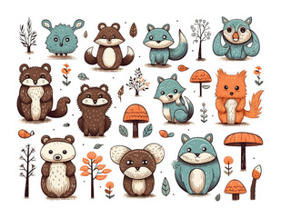 Set with cute woodland forest animals in cartoon style. Ideal kids design, for fabric, wrapping, textile, wallpaper, apparel on isolated white background