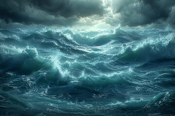 A turbulent sea roiling with crashing waves and churning foam. Concept of oceanic turmoil. Generative Ai. - obrazy, fototapety, plakaty